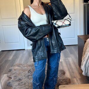 Vintage Oakwood Leather Quilt Lined Jacket 90s Heavyweight Moto Biker Black